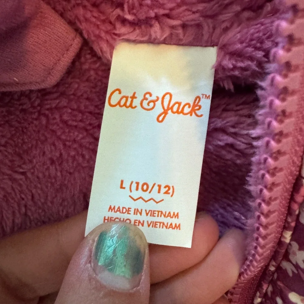 Cat & Jack Girls Pink Floral Quilted Puffer Jacket Faux Fur Lined Hooded L 10/12